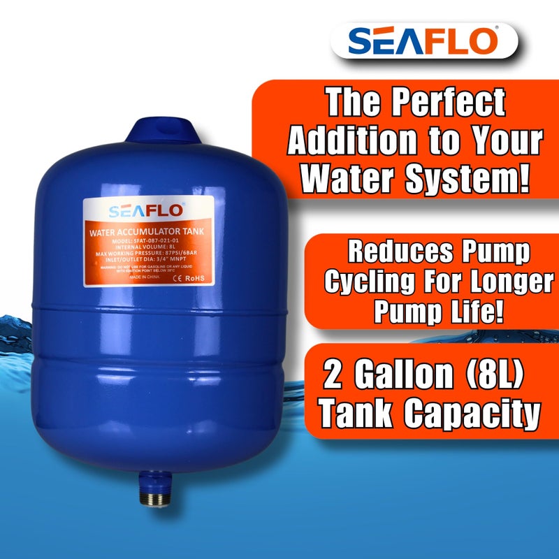 SEAFLO 2 Gallon Pre-Pressurized Accumulator Expansion Tank â€“ Reduces Pump Cycling, Smooth Water Flow, 87 PSI, 3/4" MNPT, Compact Design for RV, Marine, Boat & Off-Grid Systems â€“ 4-Year Warranty - Image 3